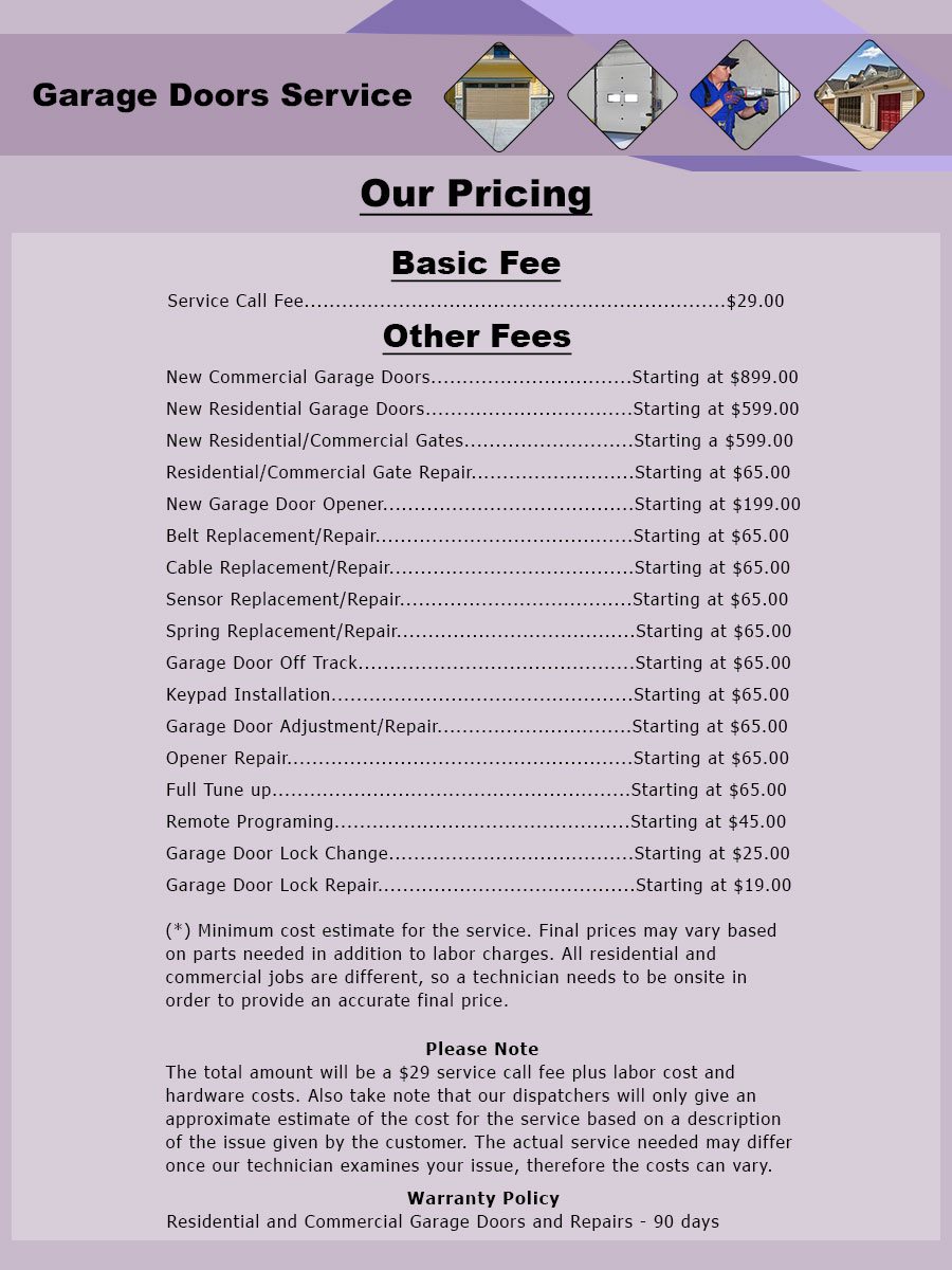 Price List State Garage Door Service